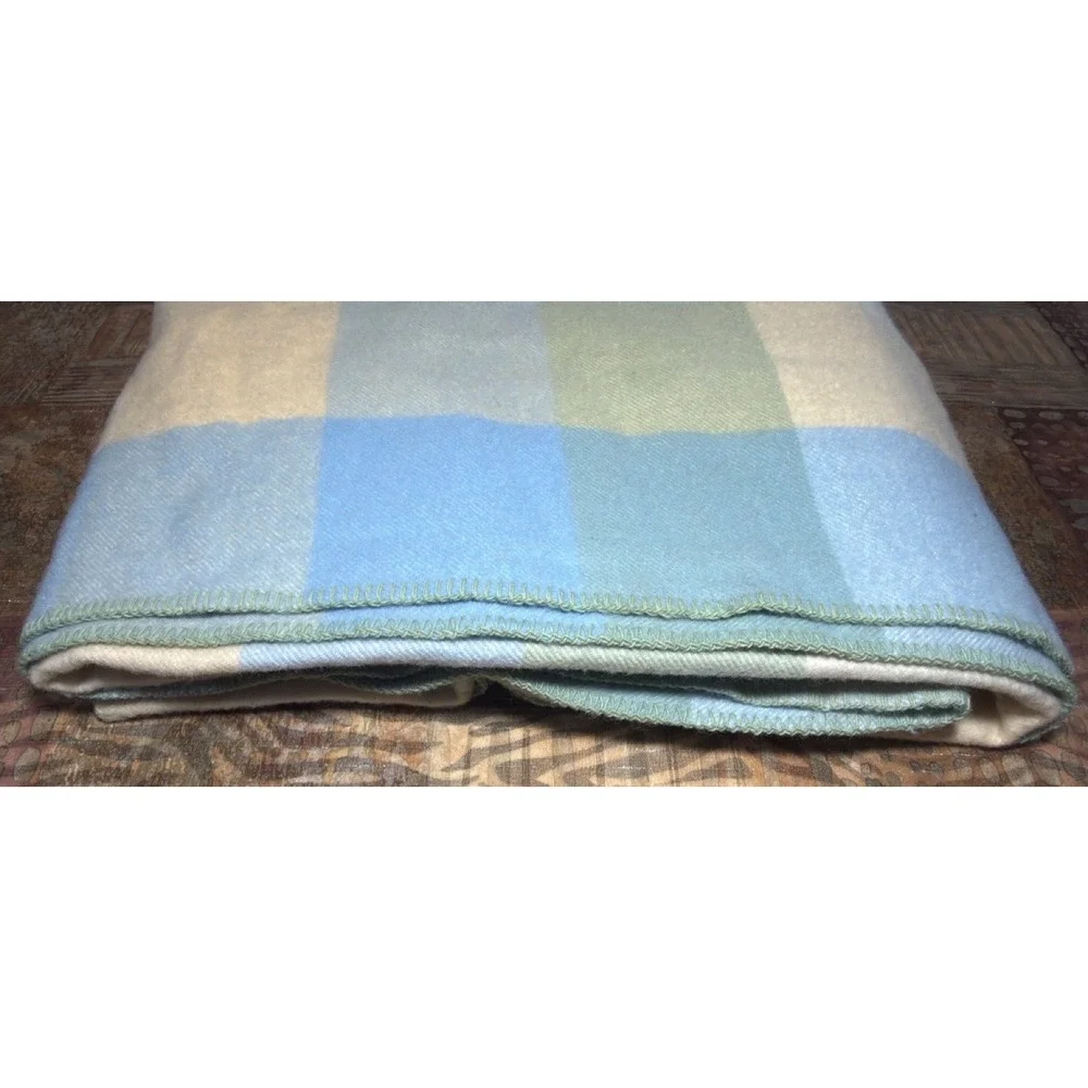 LL Bean Wool Blanket King Plaid Check Whipstitch Hem Blue Green Cream Lodge Camp
